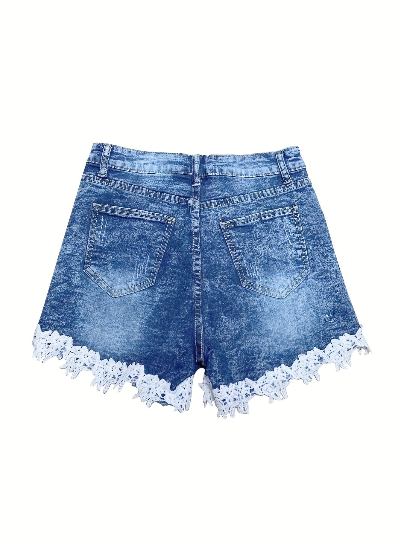 Casual Lace Hem Stretchy Slash Pockets Denim Shorts