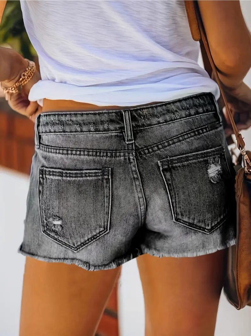Casual Raw Hem Ripped Holes Slim Fit Slash Pockets Button Denim Shorts