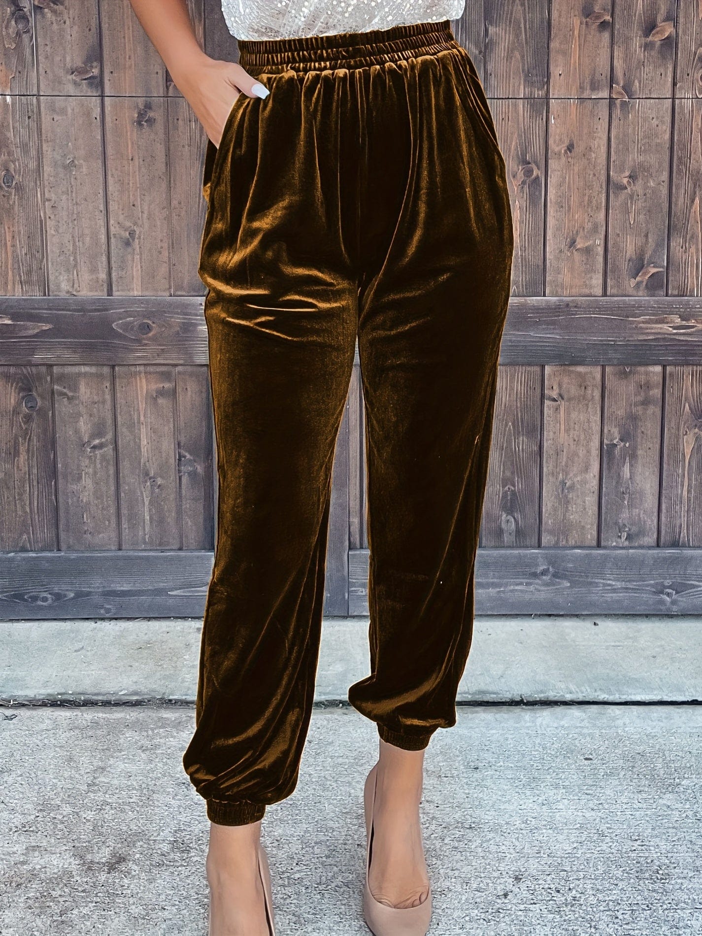 Casual Solid Elastic Waist Slant Pockets Pants