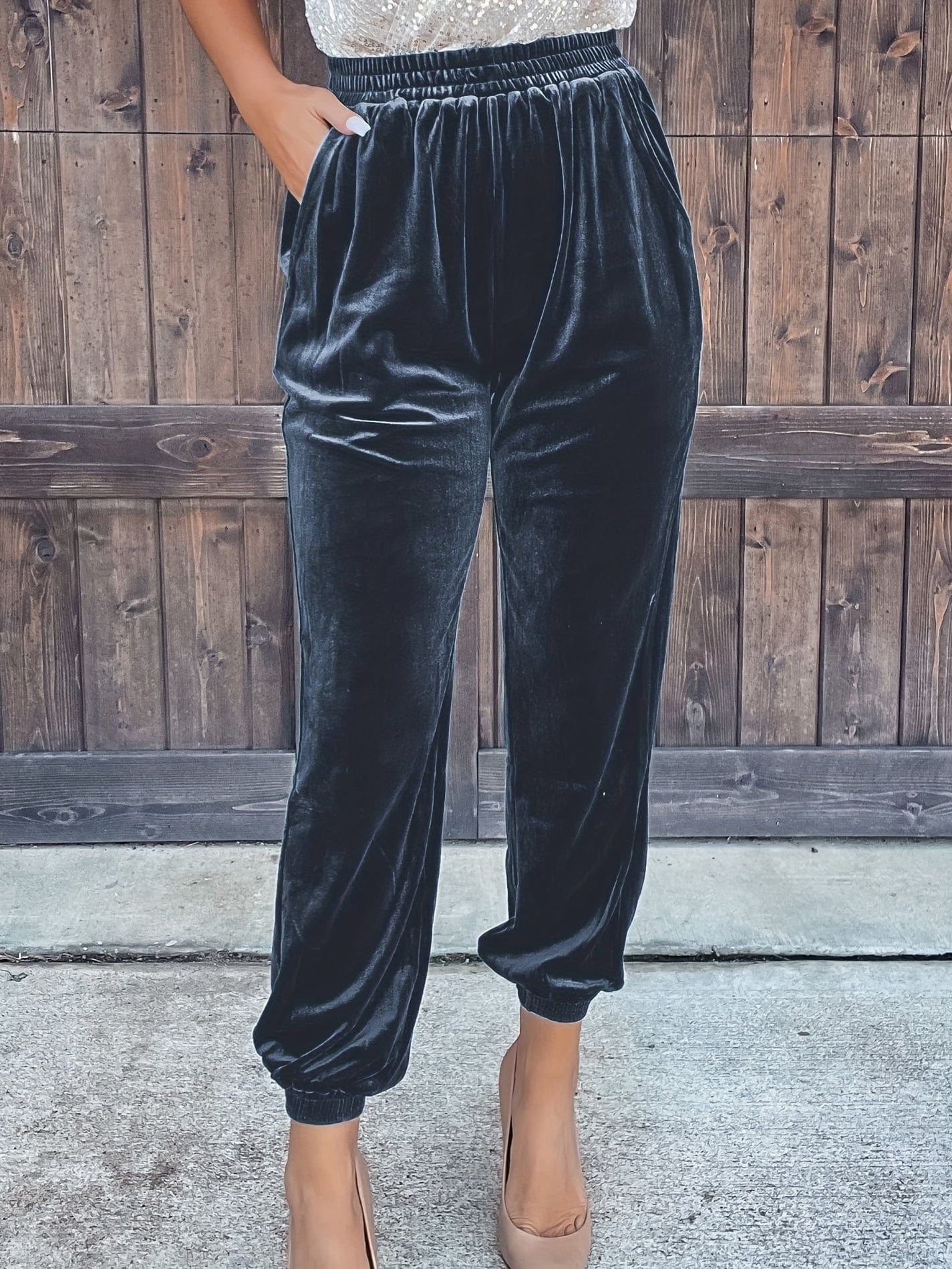 Casual Solid Elastic Waist Slant Pockets Pants