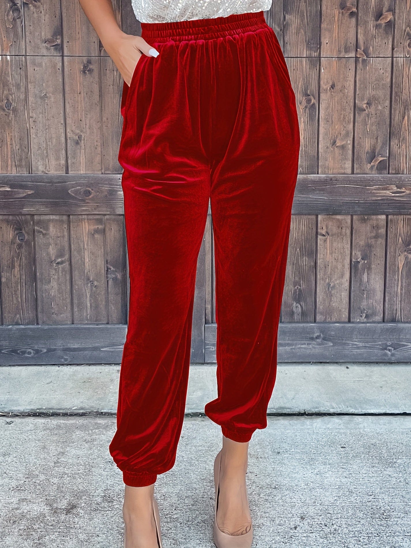 Casual Solid Elastic Waist Slant Pockets Pants