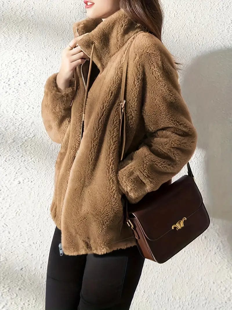 Cozy Solid Drawstring Zip-Up Long Sleeve Warm Coat