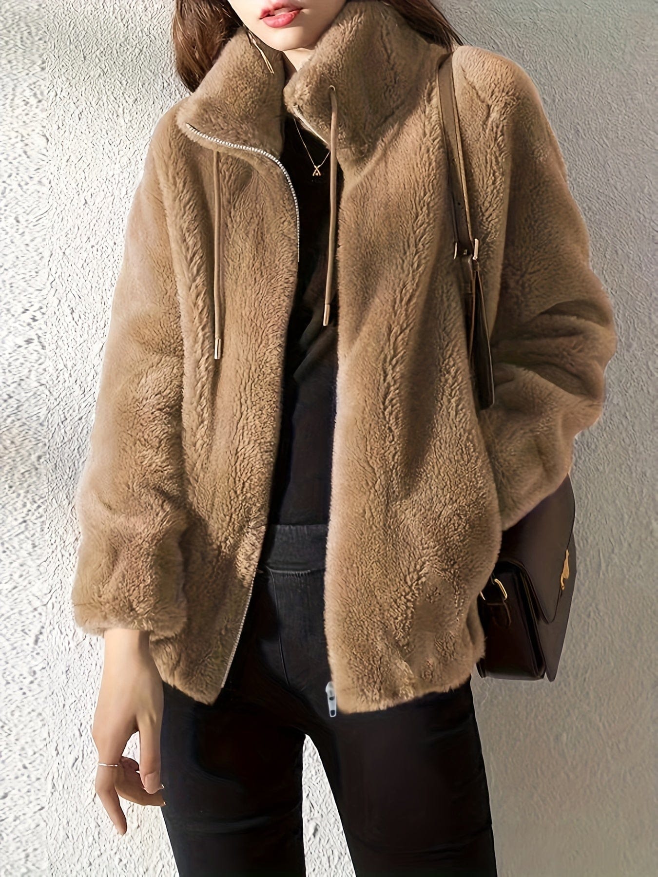 Cozy Solid Drawstring Zip-Up Long Sleeve Warm Coat