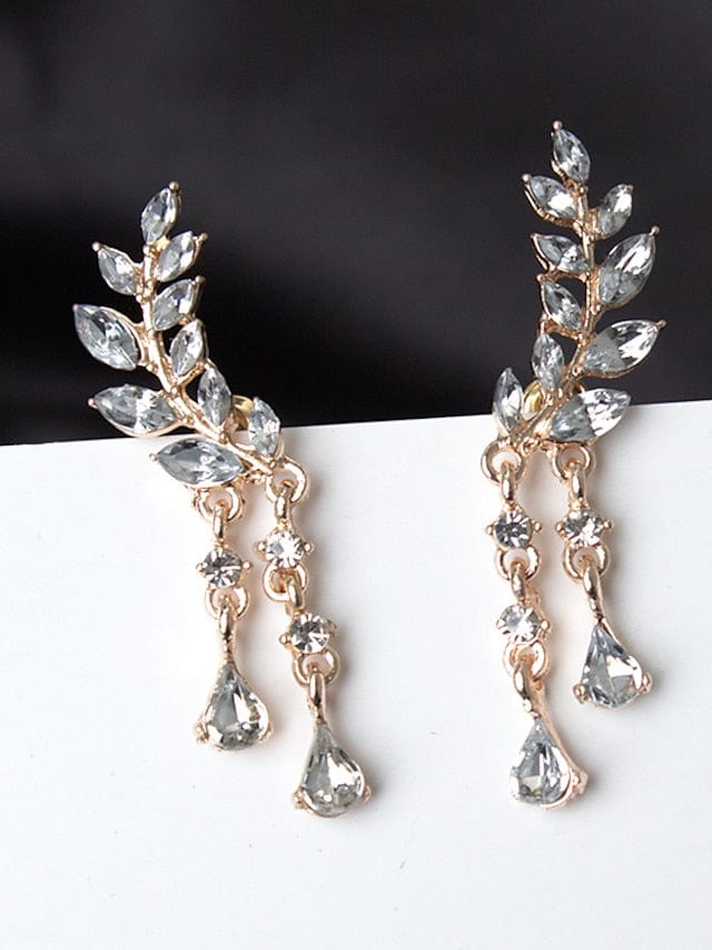 Leaf Design Women's Earrings with Cubic Zirconia Gemstones and Tassel Accent
