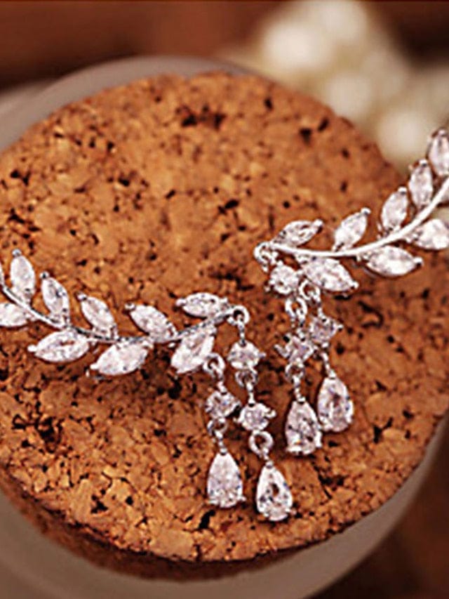 Leaf Design Women's Earrings with Cubic Zirconia Gemstones and Tassel Accent