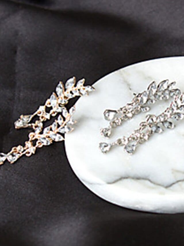 Leaf Design Women's Earrings with Cubic Zirconia Gemstones and Tassel Accent