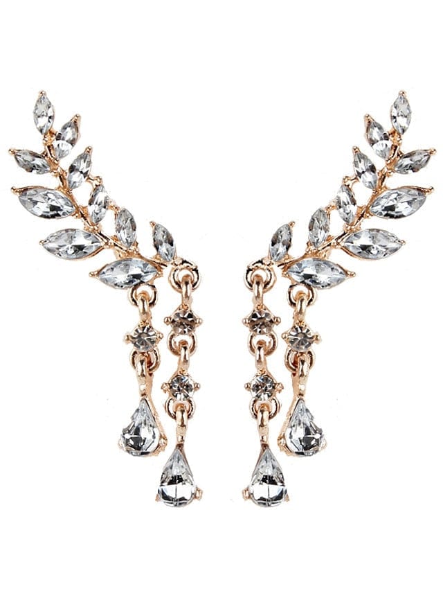 Leaf Design Women's Earrings with Cubic Zirconia Gemstones and Tassel Accent