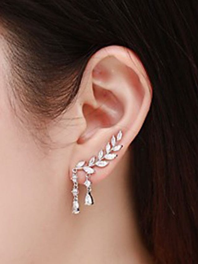 Leaf Design Women's Earrings with Cubic Zirconia Gemstones and Tassel Accent