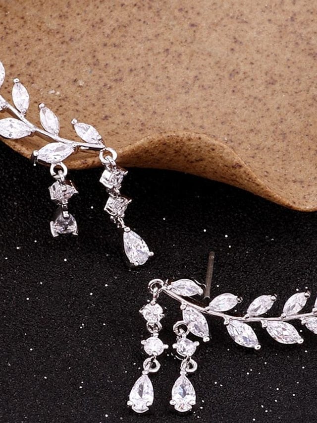 Leaf Design Women's Earrings with Cubic Zirconia Gemstones and Tassel Accent