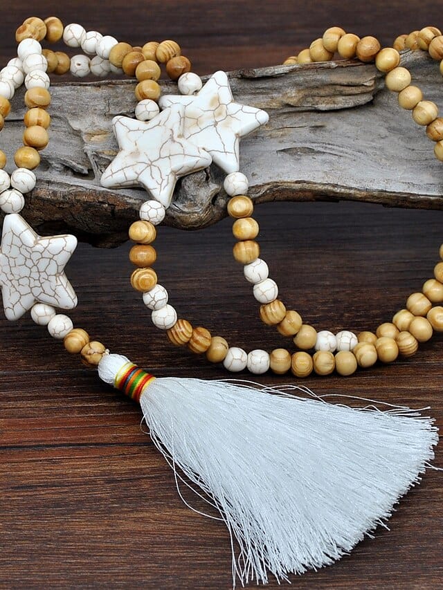 Women's Handmade Wooden Stone Pendant Necklace with Star Bead Tassel - Eco-Friendly Celestial Gift