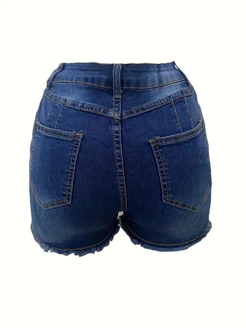 High-Stretch Raw Hem Ripped High Waist Skinny Denim Shorts