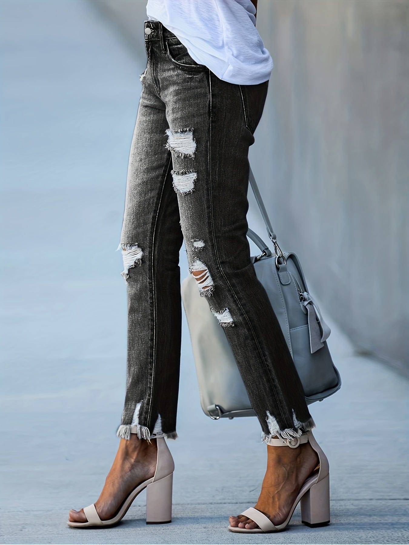 High Waist Ripped Raw Hem Skinny Casual Denim Jeans