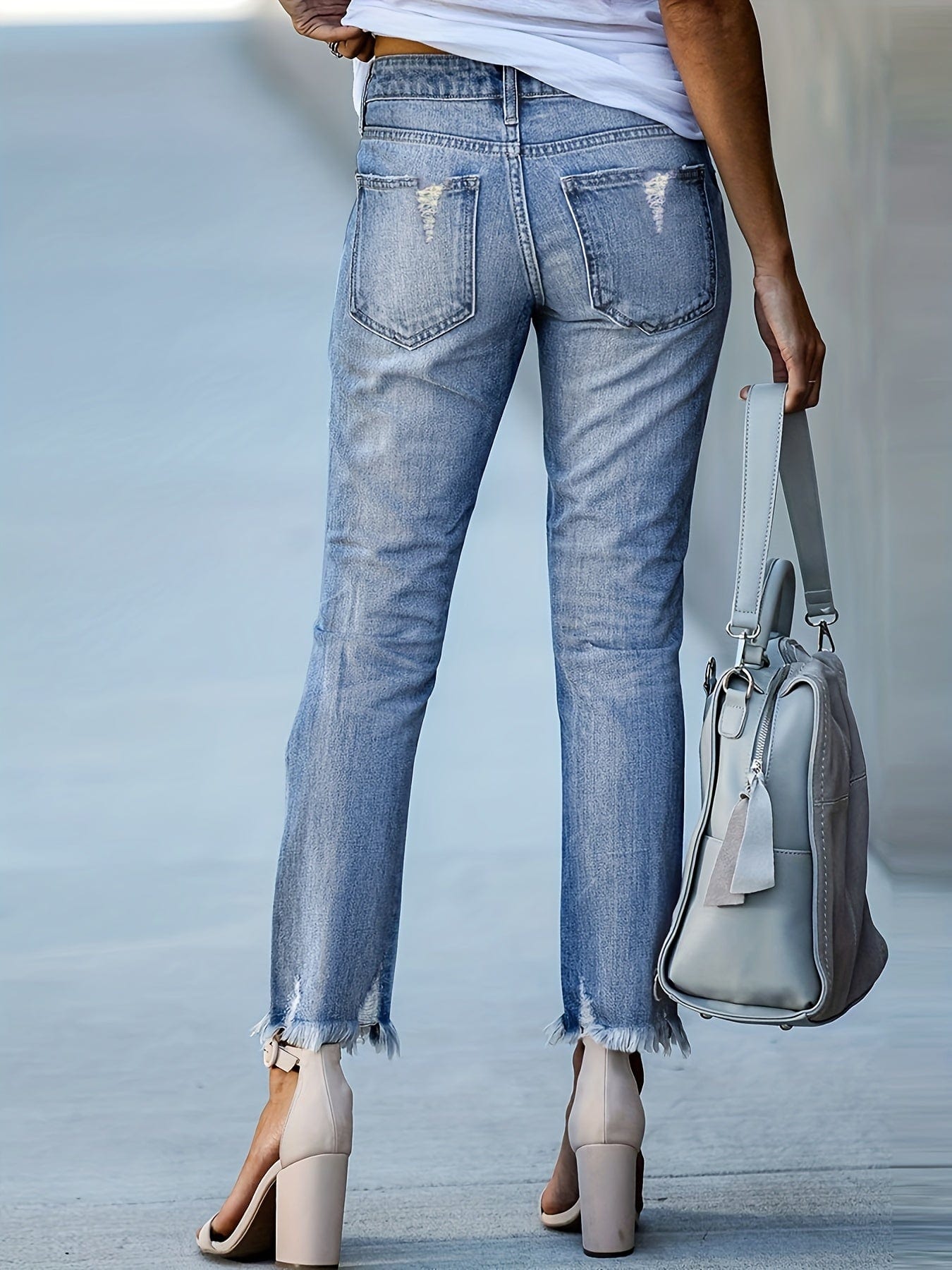 High Waist Ripped Raw Hem Skinny Casual Denim Jeans
