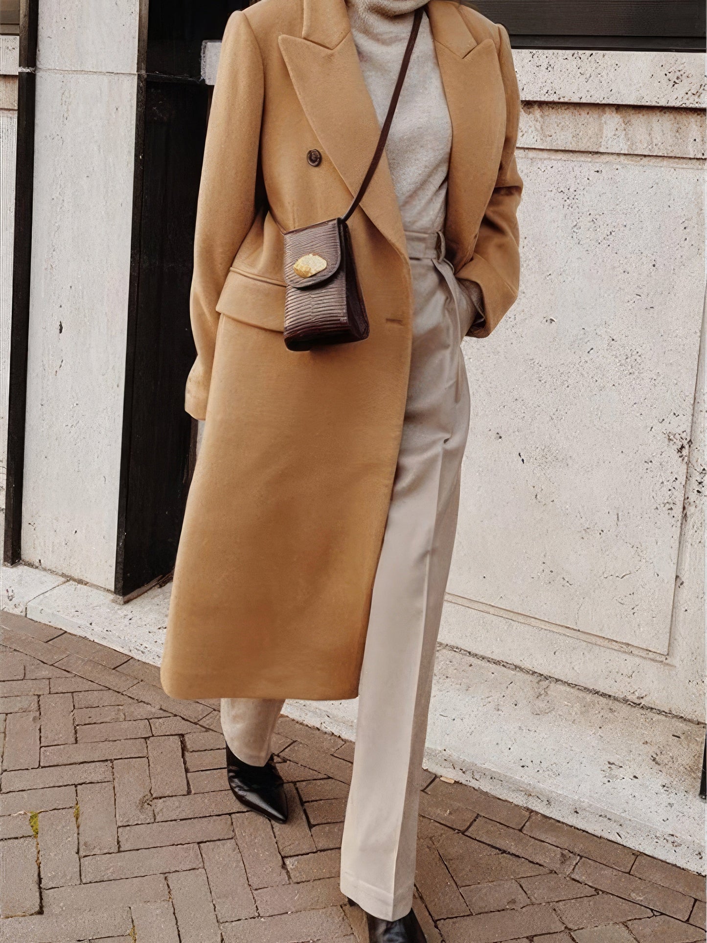 Lapel Button Long Sleeve Woolen Coat