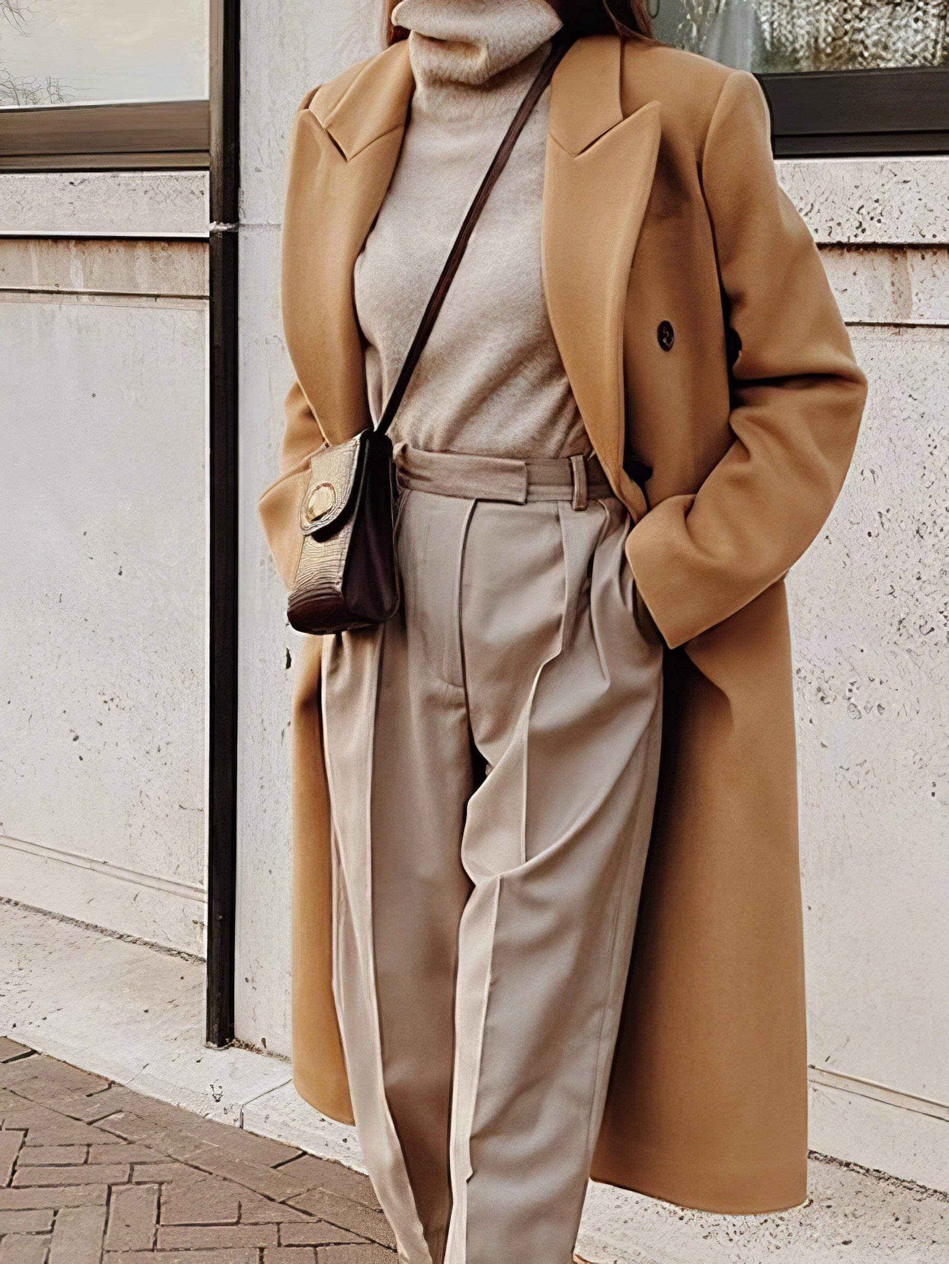 Lapel Button Long Sleeve Woolen Coat