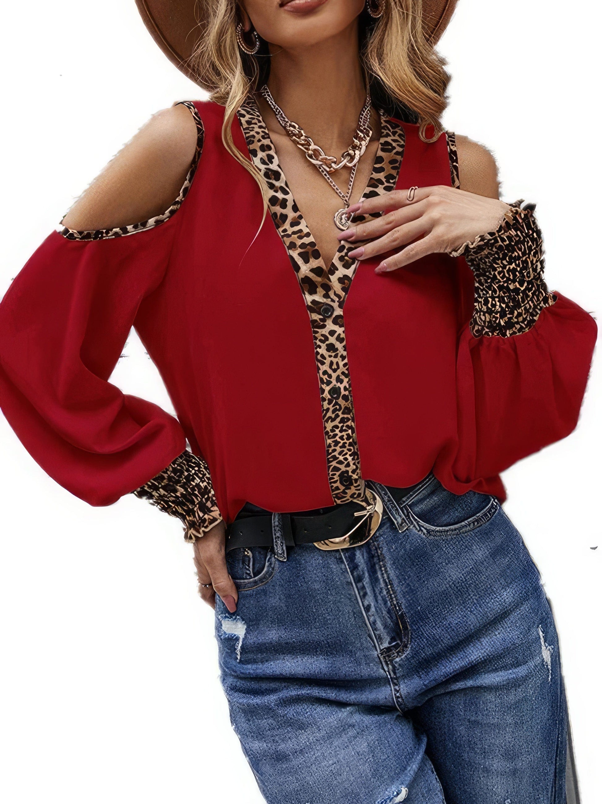 Leopard Print Stitching V Neck Button Off-The-Shoulder T-Shirt