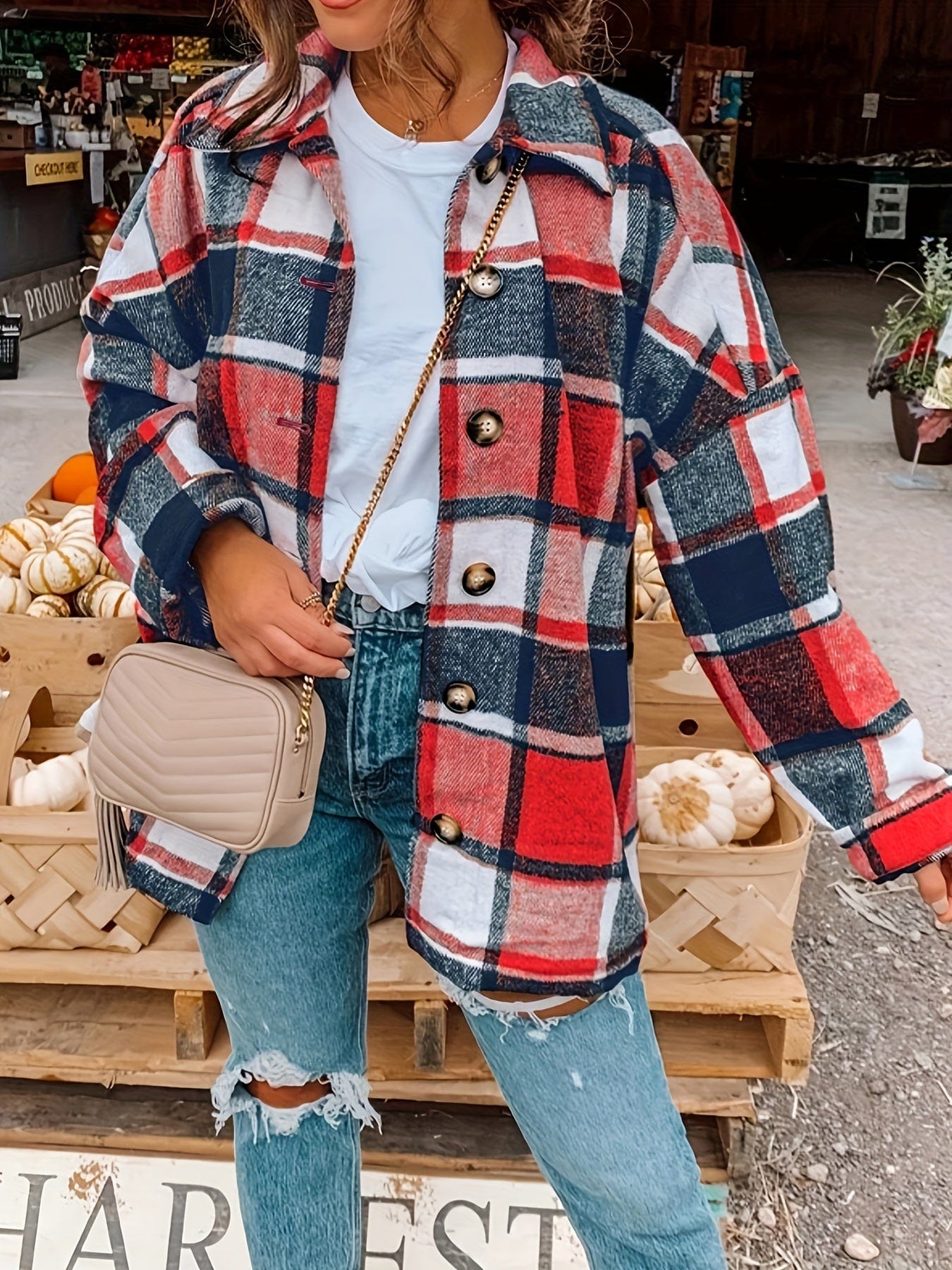 Plaid Drop Shoulder Long Sleeve Loose Lapel Casual Jacket