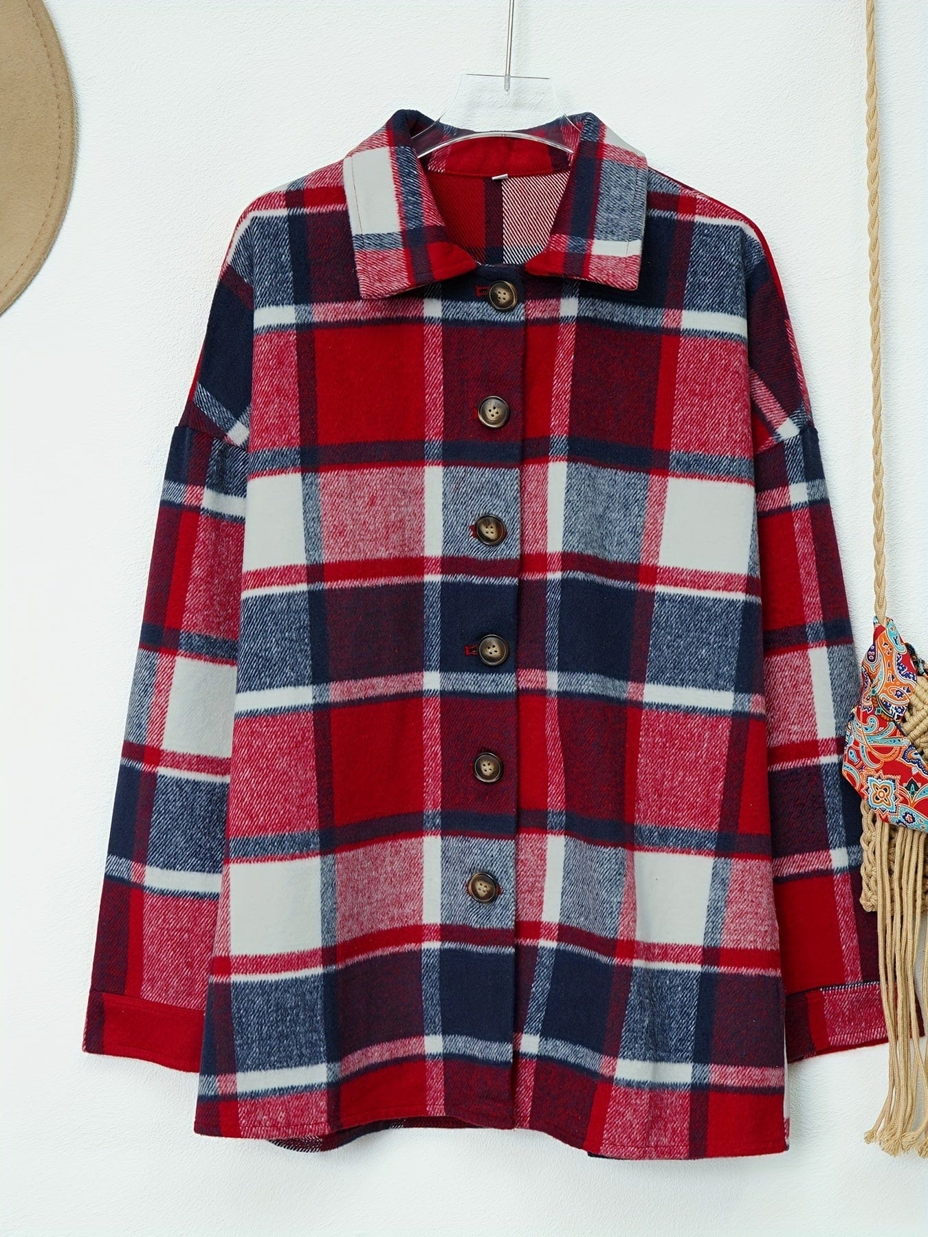 Plaid Drop Shoulder Long Sleeve Loose Lapel Casual Jacket