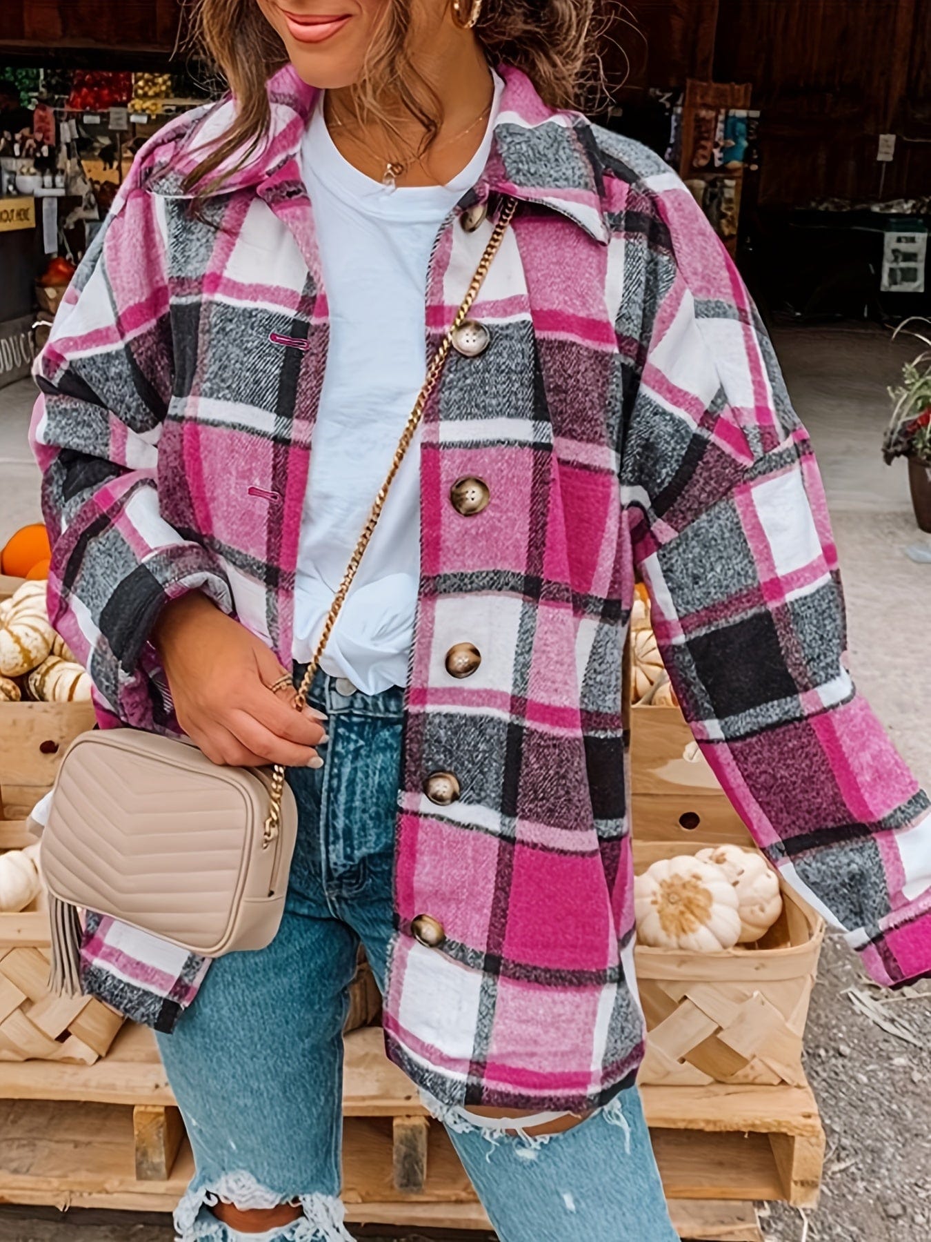 Plaid Drop Shoulder Long Sleeve Loose Lapel Casual Jacket