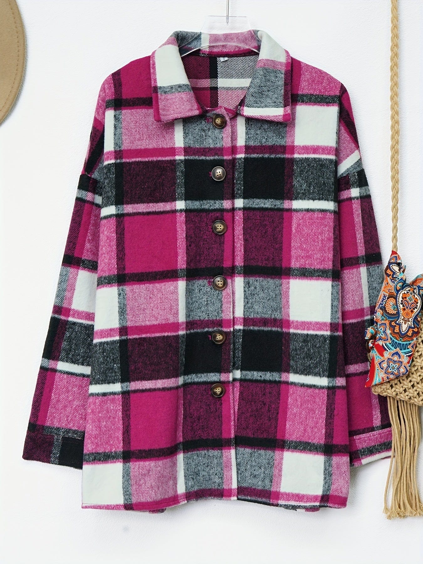 Plaid Drop Shoulder Long Sleeve Loose Lapel Casual Jacket