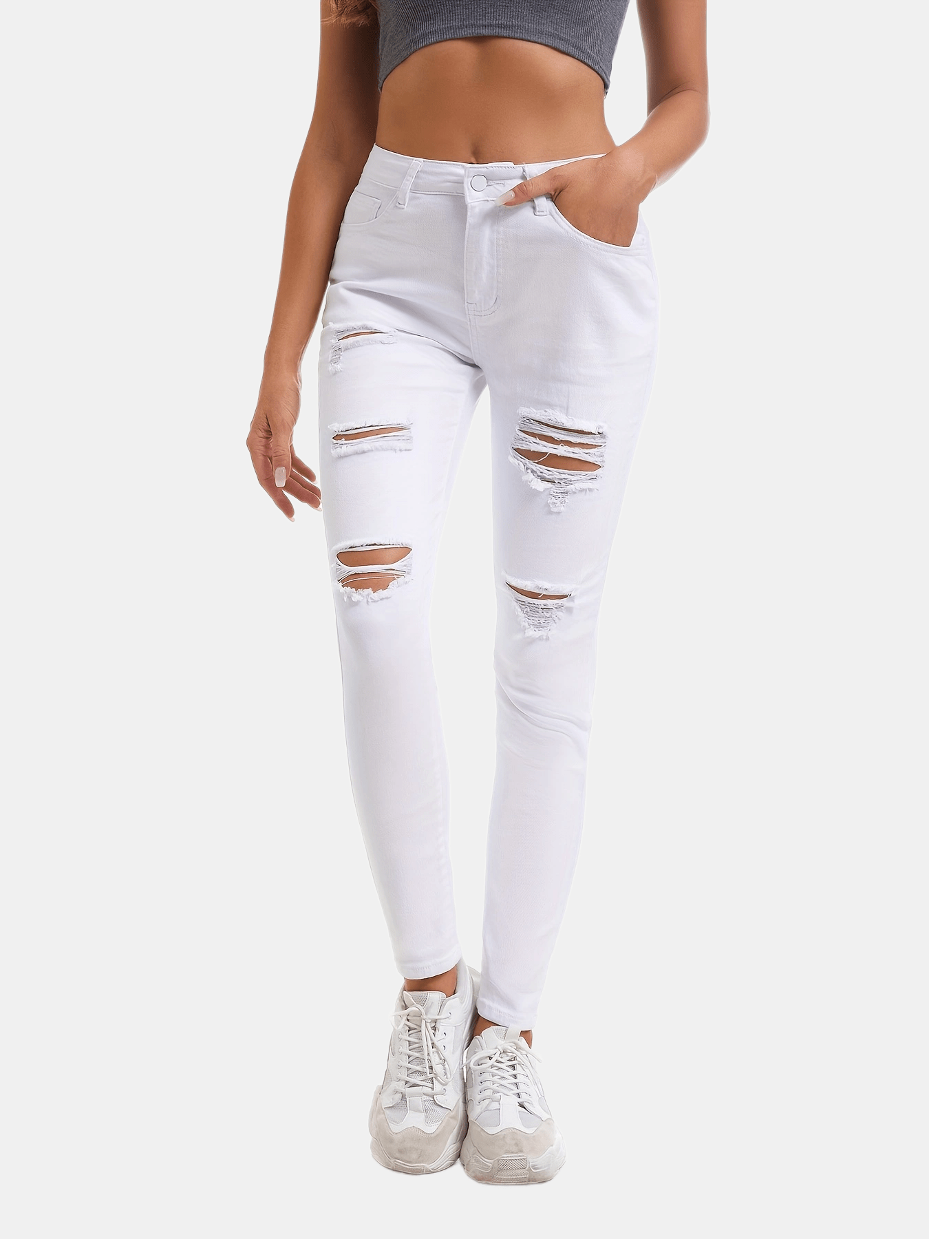 Plain Ripped Skinny Slight-Stretch Casual Denim Jeans