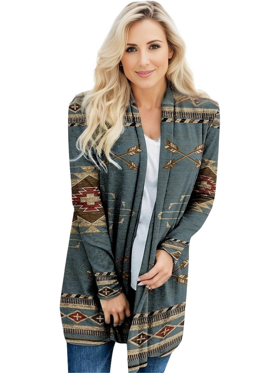 Plus Size Boho Coat, Women's Plus Southwestern Print Long Sleeve Open Front Slight Stretch Cardigan