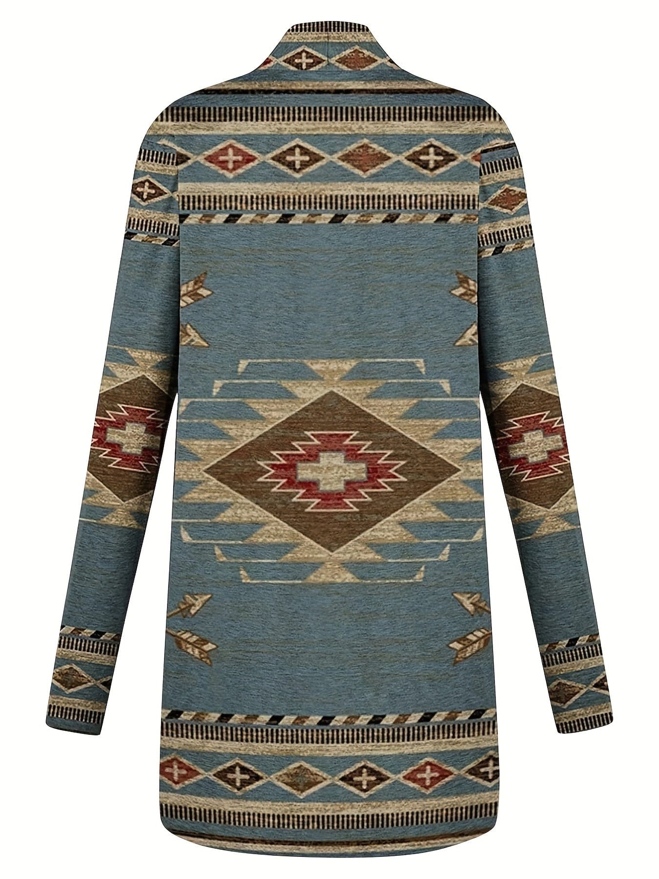 Plus Size Boho Coat, Women's Plus Southwestern Print Long Sleeve Open Front Slight Stretch Cardigan