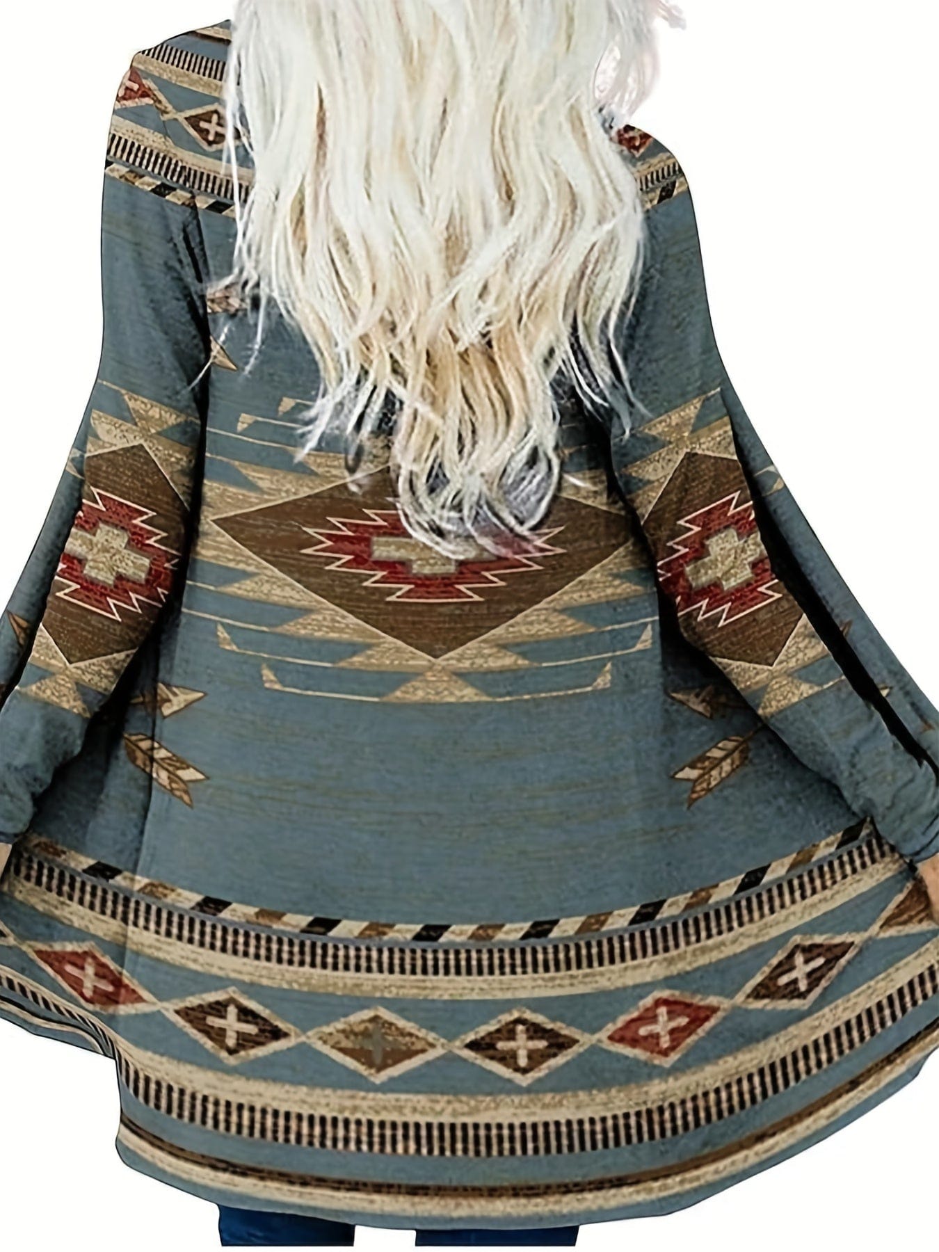 Plus Size Boho Coat, Women's Plus Southwestern Print Long Sleeve Open Front Slight Stretch Cardigan
