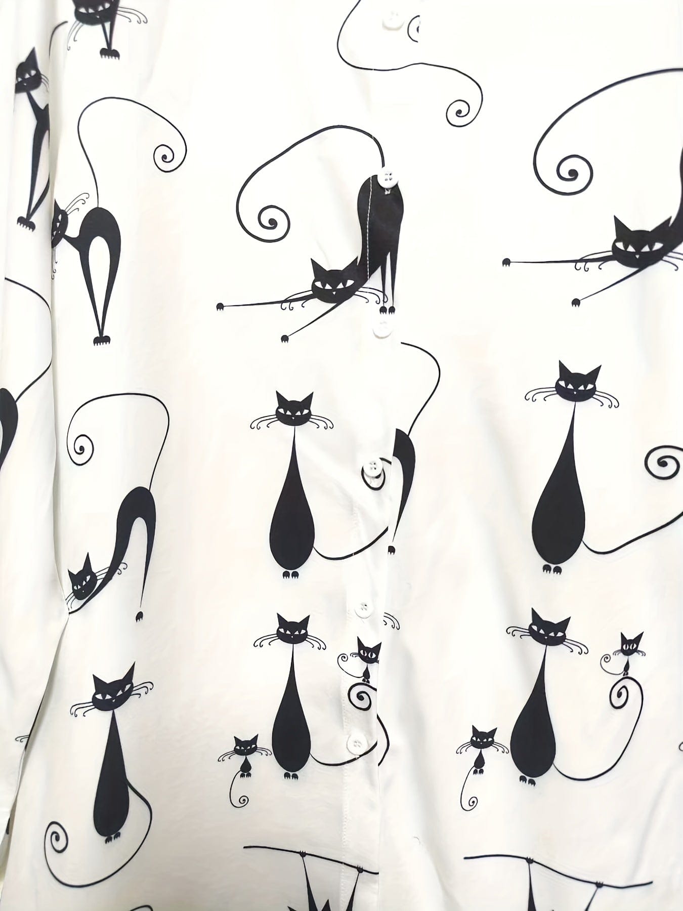 Plus Size Casual Blouse, Women's Plus Allover Cartoon Cat Print Long Sleeve Button Up Turn Down Collar Shirt Top