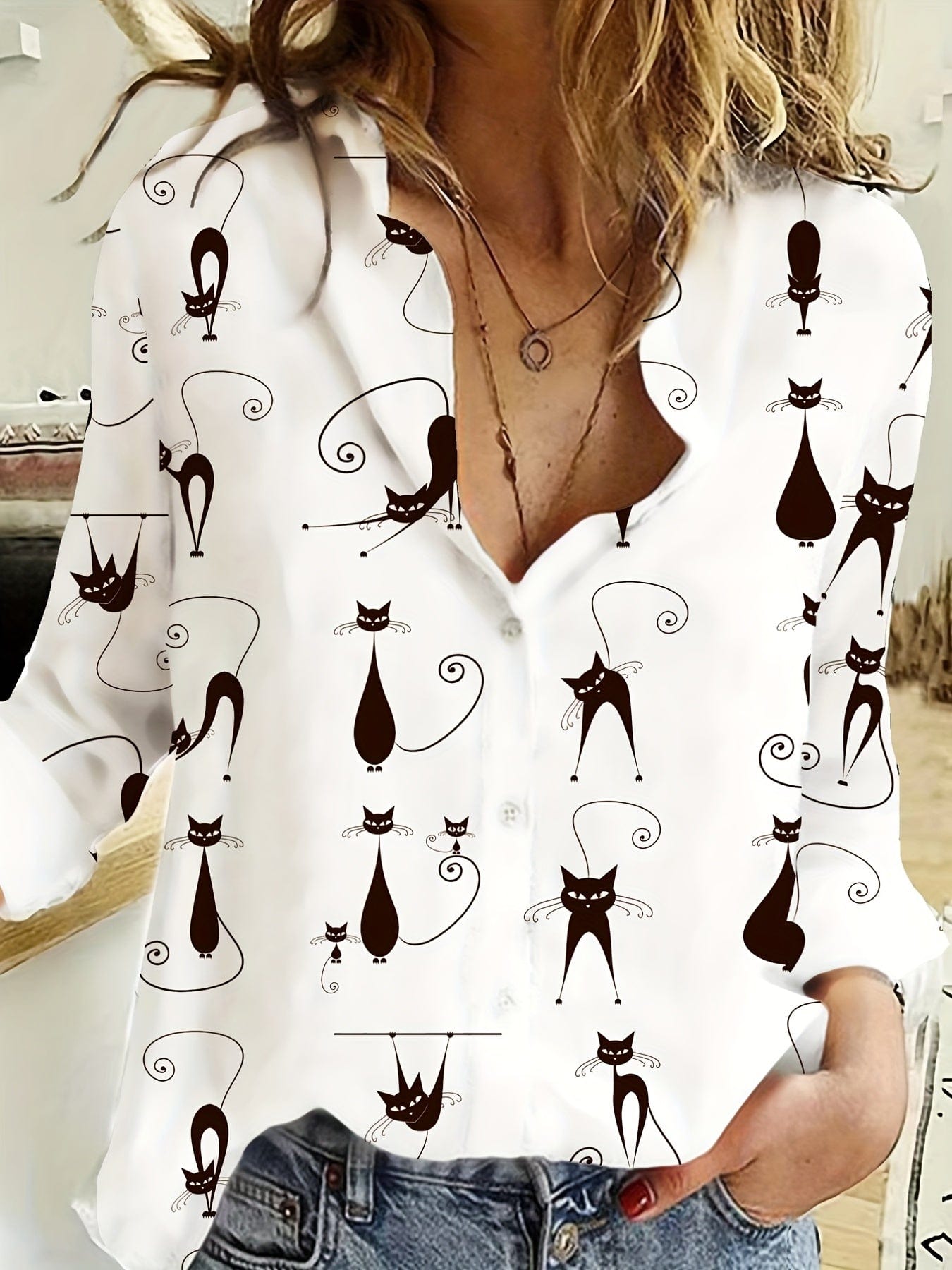 Plus Size Casual Blouse, Women's Plus Allover Cartoon Cat Print Long Sleeve Button Up Turn Down Collar Shirt Top