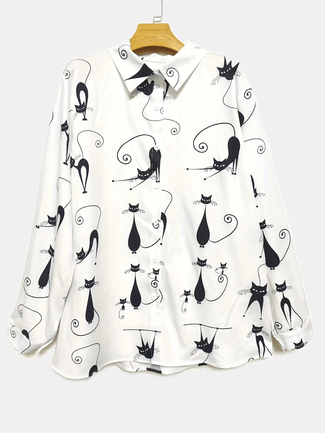 Plus Size Casual Blouse, Women's Plus Allover Cartoon Cat Print Long Sleeve Button Up Turn Down Collar Shirt Top