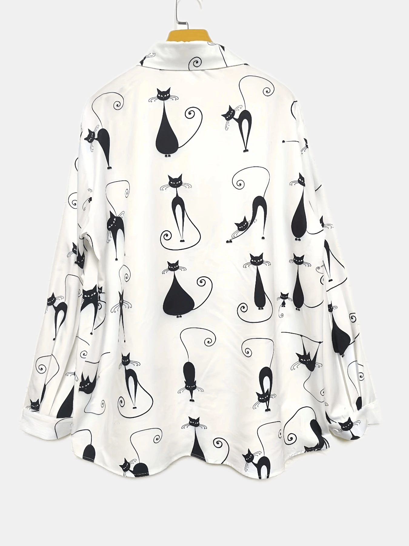 Plus Size Casual Blouse, Women's Plus Allover Cartoon Cat Print Long Sleeve Button Up Turn Down Collar Shirt Top
