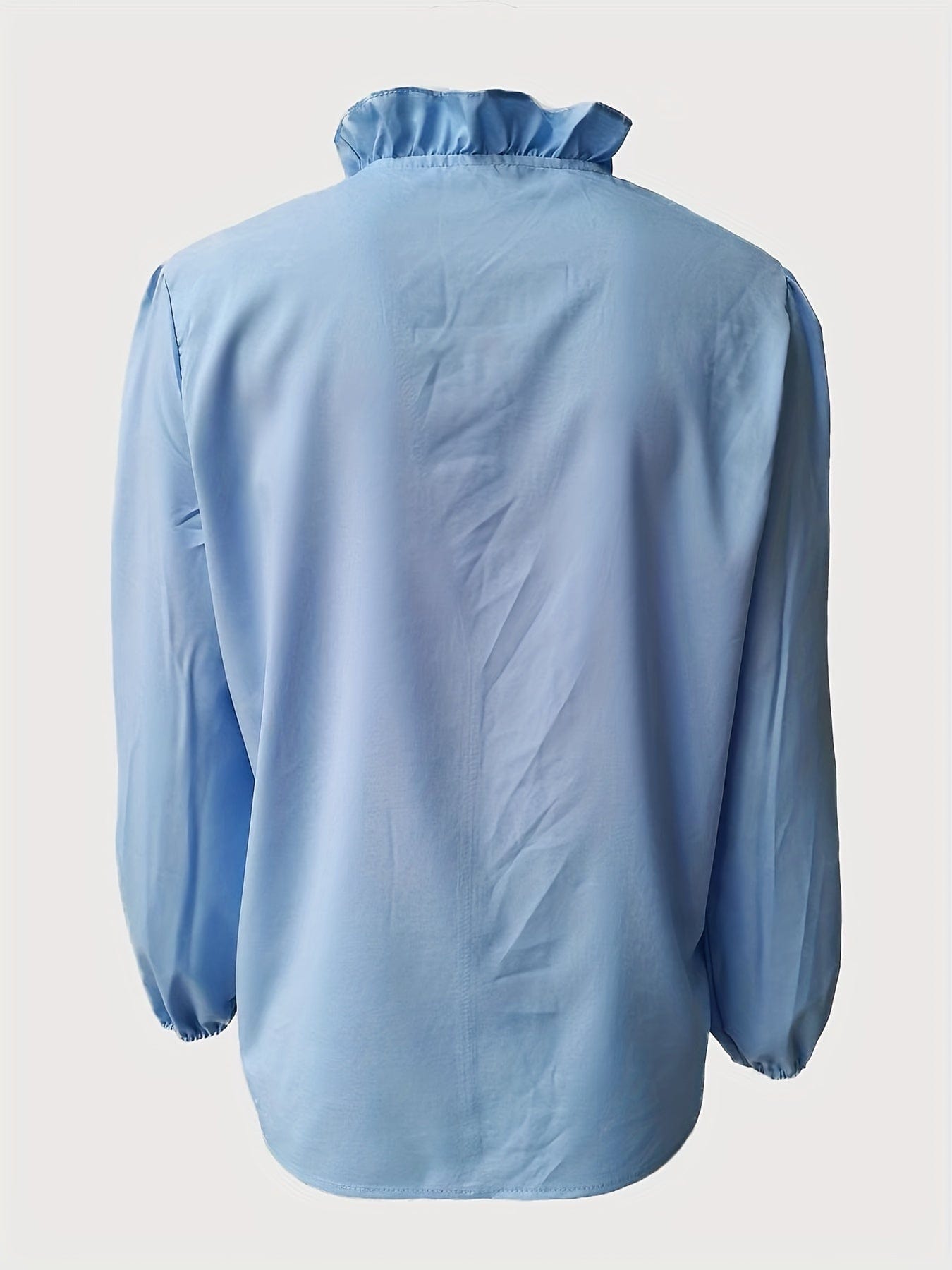 Plus Size Casual Blouse, Women's Plus Plain Ruffle Trim Lantern Sleeve V Neck Blouse