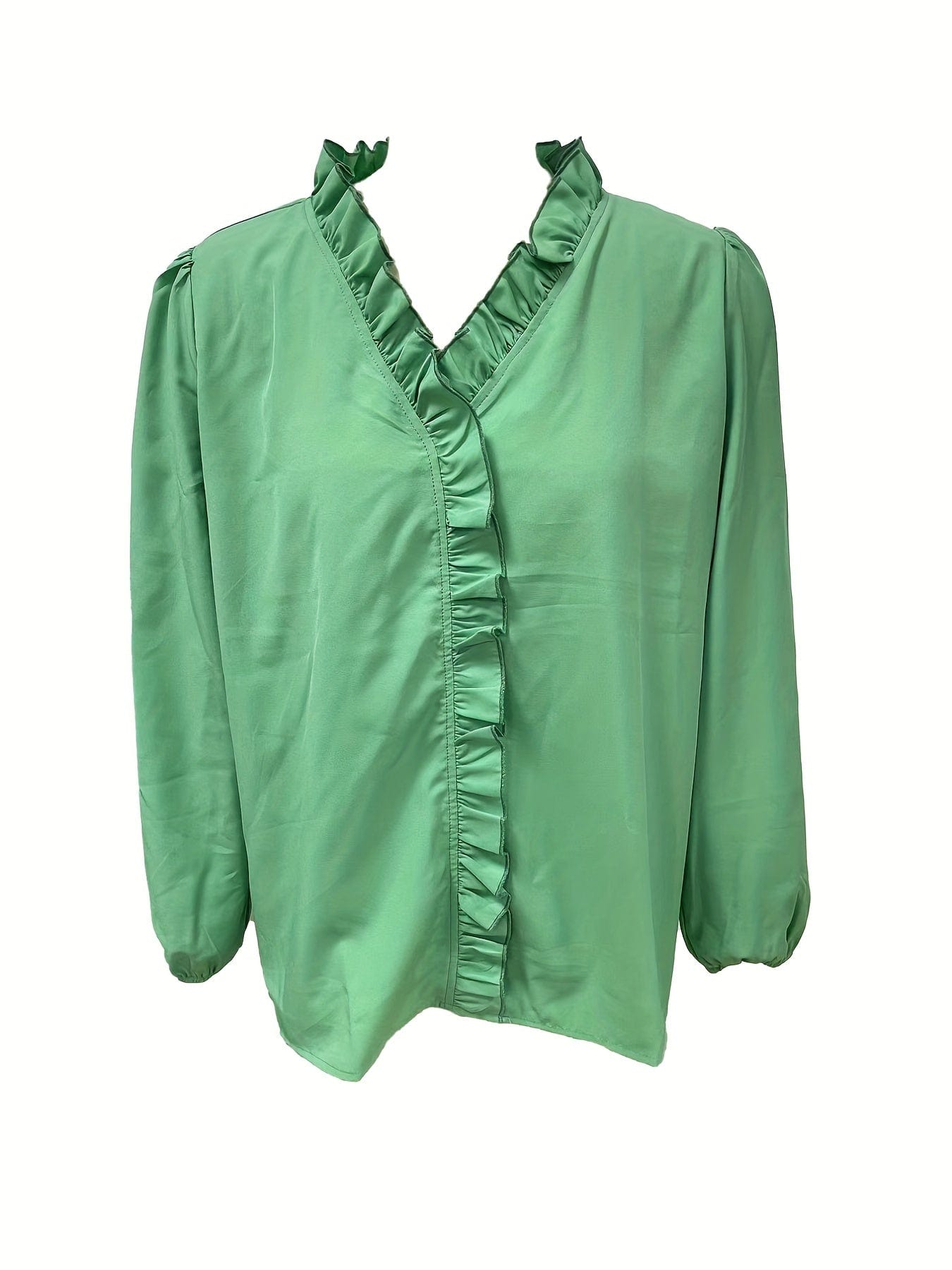 Plus Size Casual Blouse, Women's Plus Plain Ruffle Trim Lantern Sleeve V Neck Blouse