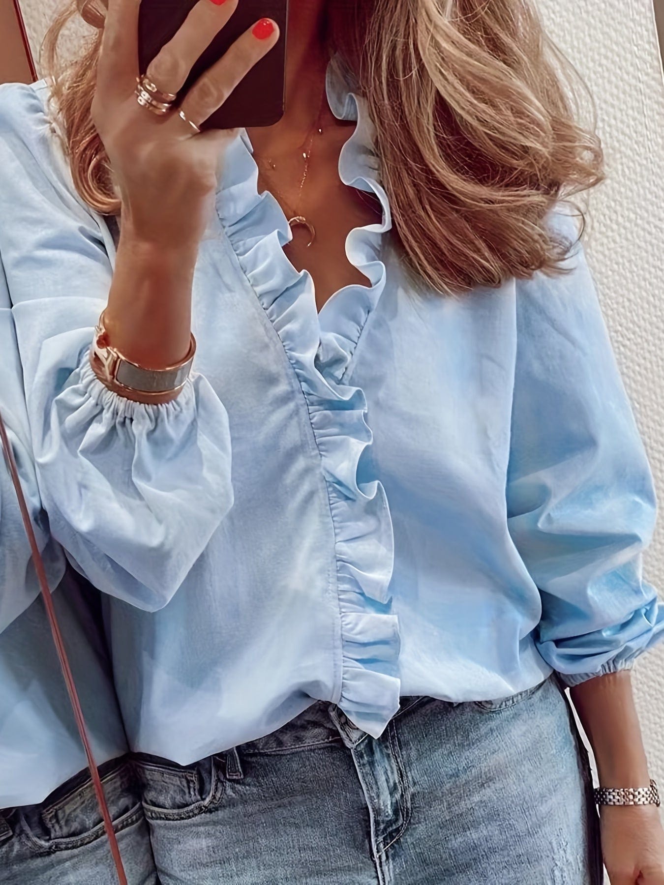 Plus Size Casual Blouse, Women's Plus Plain Ruffle Trim Lantern Sleeve V Neck Blouse