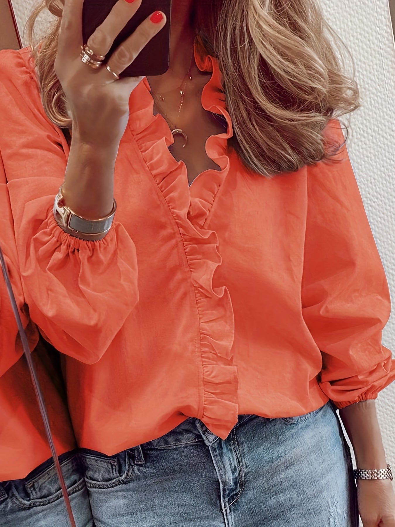 Plus Size Casual Blouse, Women's Plus Plain Ruffle Trim Lantern Sleeve V Neck Blouse