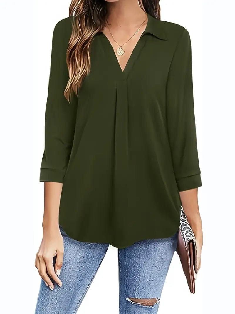 Plus Size Casual Blouse, Women's Plus Solid Half Sleeve Turn Down Collar Tunic Top
