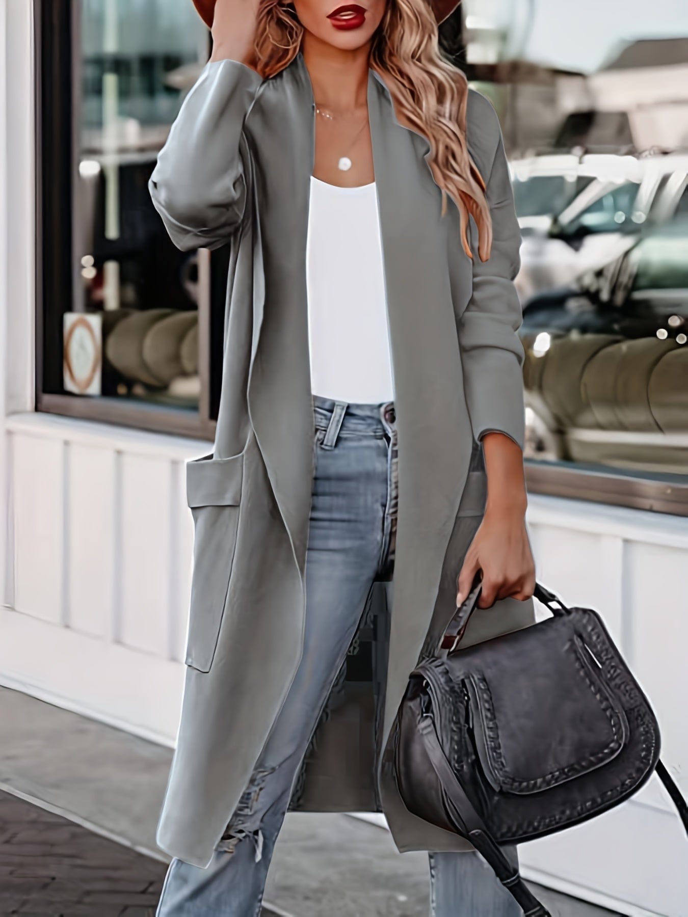 Plus Size Casual Coat, Women's Plus Solid Long Sleeve Lapel Collar Long Coat With Pockets