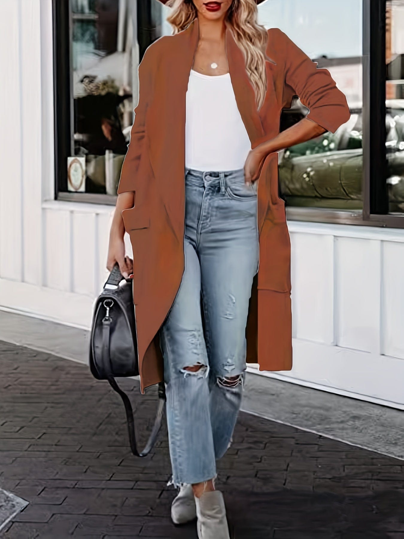 Plus Size Casual Coat, Women's Plus Solid Long Sleeve Lapel Collar Long Coat With Pockets