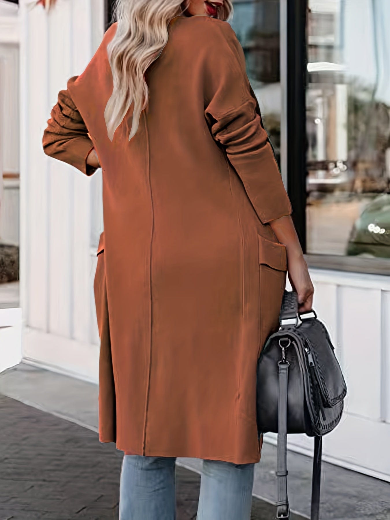 Plus Size Casual Coat, Women's Plus Solid Long Sleeve Lapel Collar Long Coat With Pockets