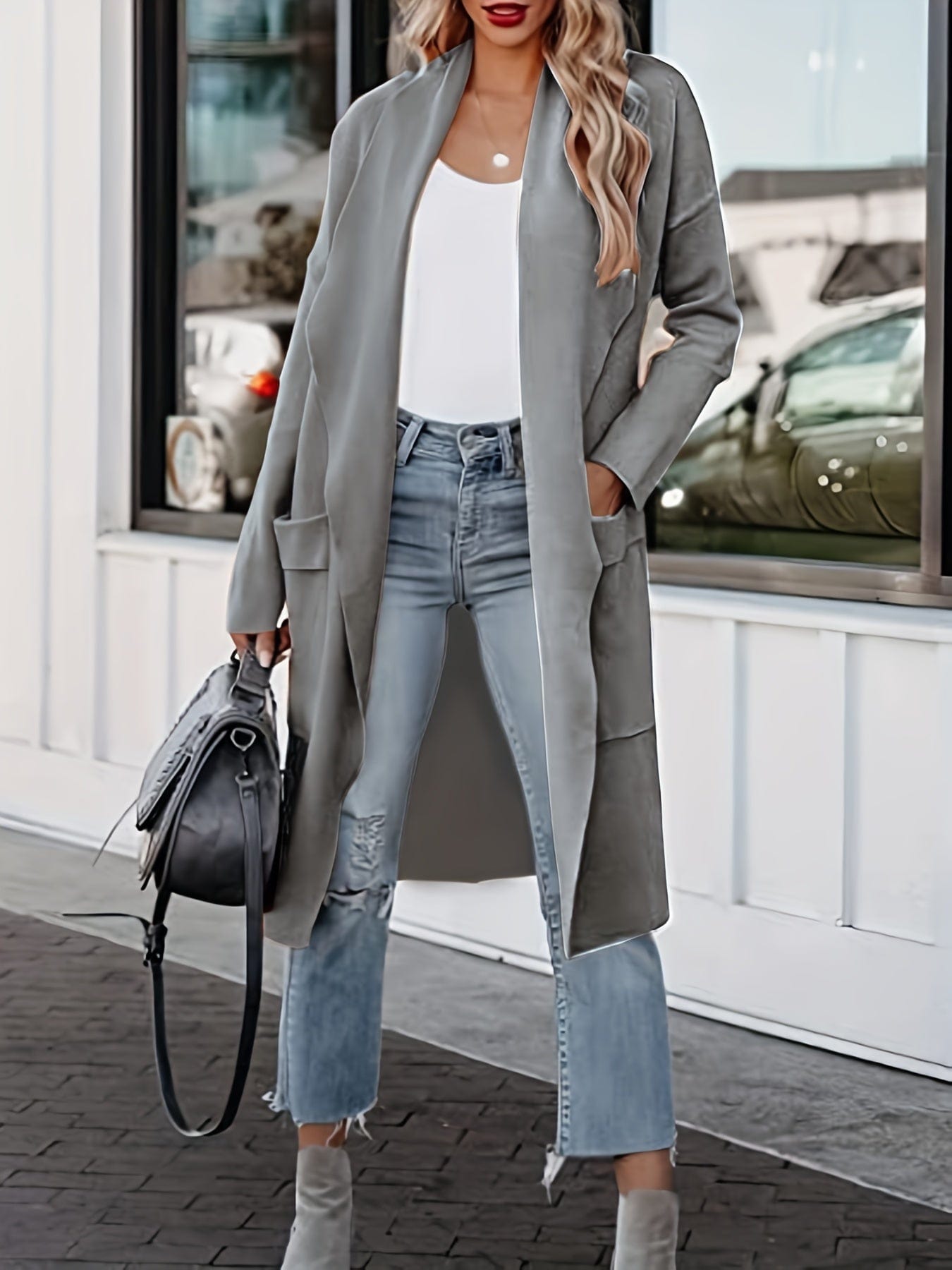 Plus Size Casual Coat, Women's Plus Solid Long Sleeve Lapel Collar Long Coat With Pockets