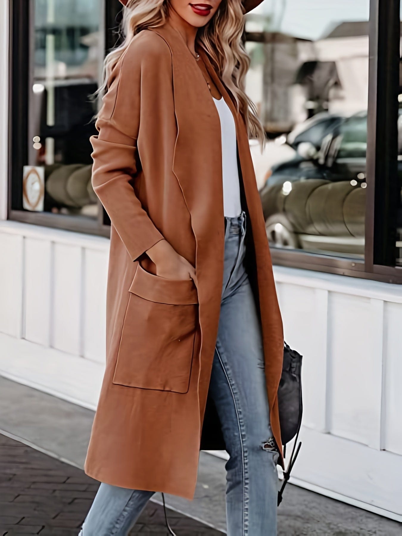 Plus Size Casual Coat, Women's Plus Solid Long Sleeve Lapel Collar Long Coat With Pockets