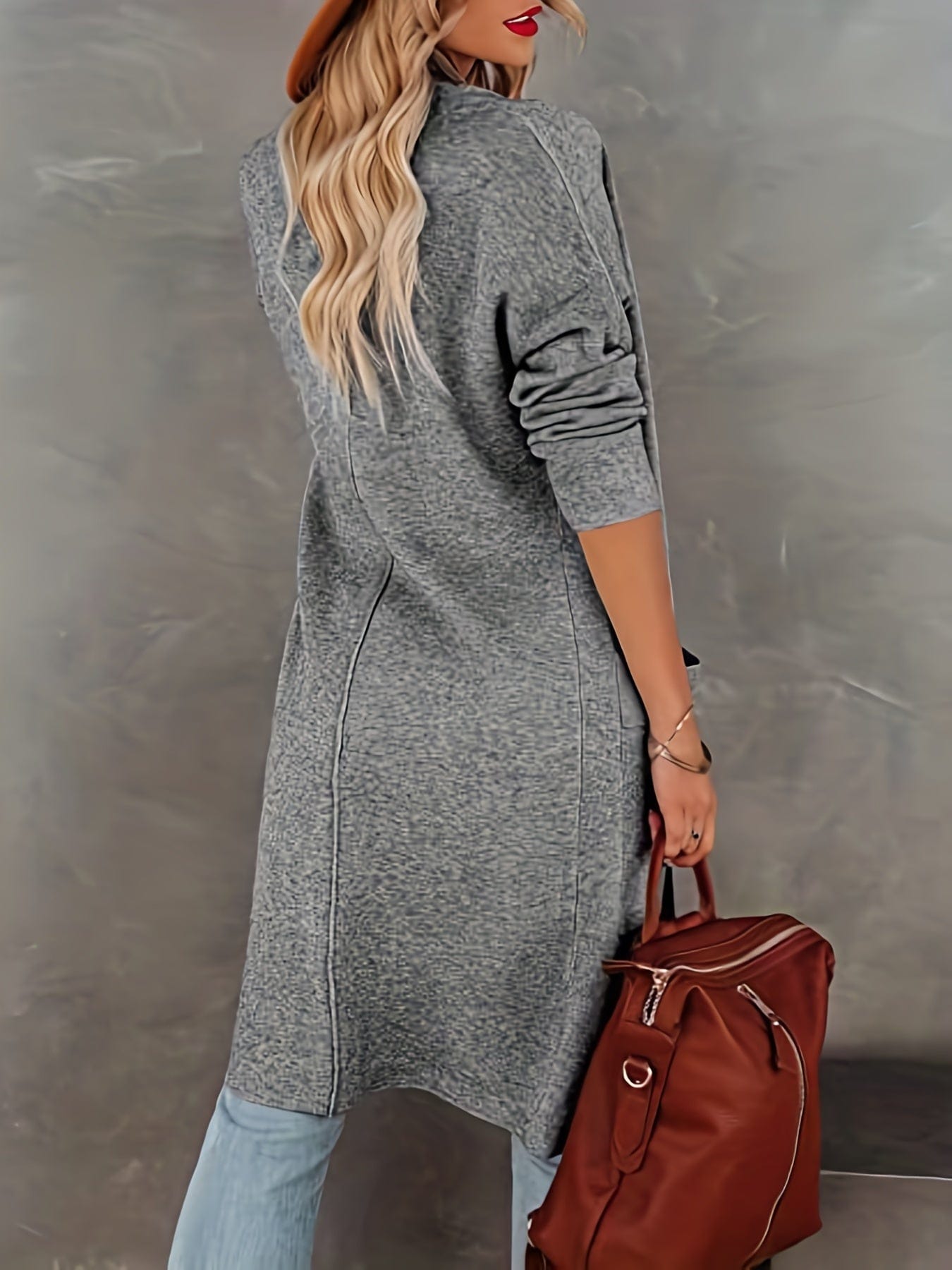 Plus Size Casual Coat, Women's Plus Solid Long Sleeve Lapel Collar Long Coat With Pockets