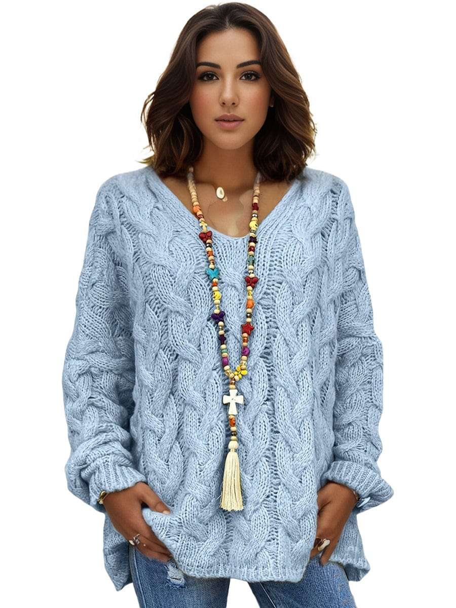 Plus Size Casual Sweater, Women's Plus Solid Hooded Long Sleeve V Neck Knitted Pullover Jumper Top