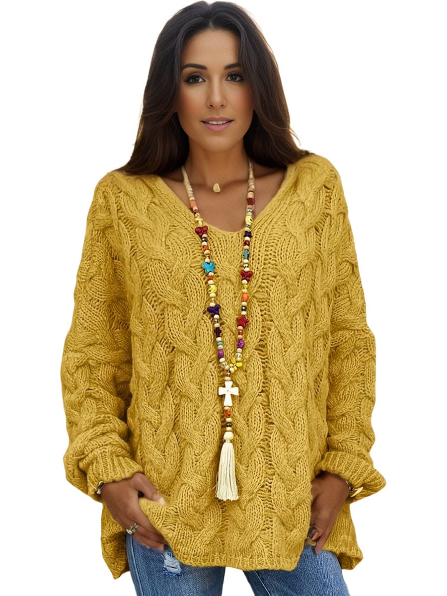 Plus Size Casual Sweater, Women's Plus Solid Hooded Long Sleeve V Neck Knitted Pullover Jumper Top
