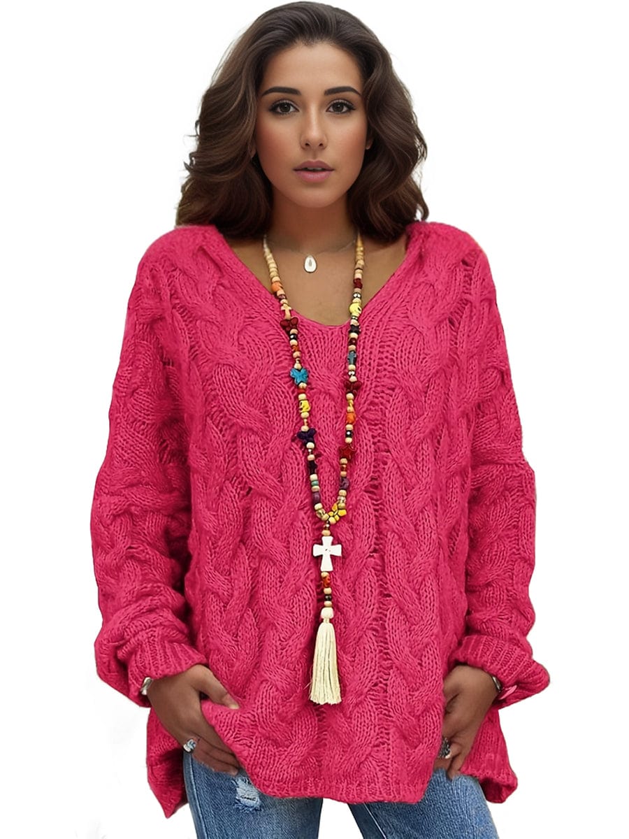 Plus Size Casual Sweater, Women's Plus Solid Hooded Long Sleeve V Neck Knitted Pullover Jumper Top