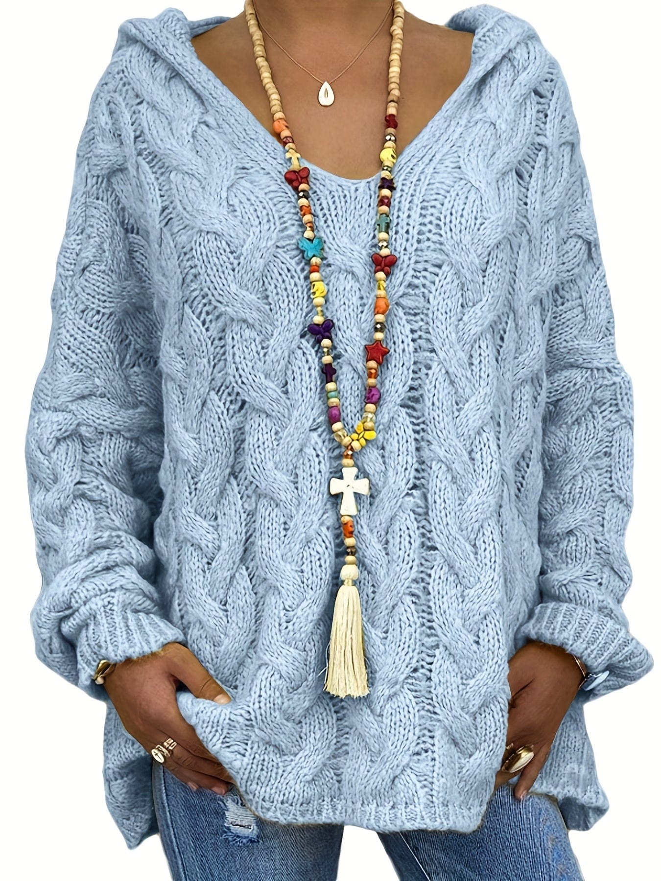 Plus Size Casual Sweater, Women's Plus Solid Hooded Long Sleeve V Neck Knitted Pullover Jumper Top