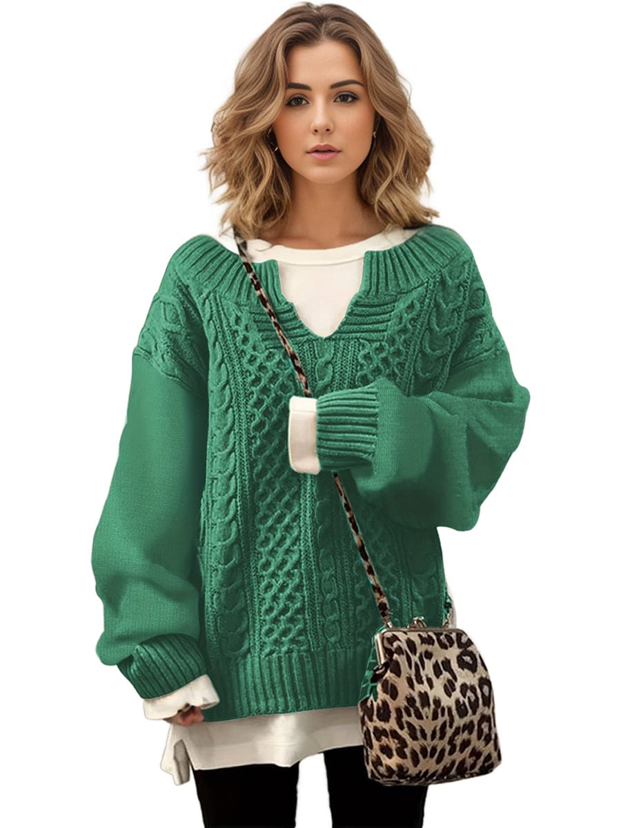Plus Size Casual Sweater, Women's Plus Solid Jacquard Long Sleeve Notched Neck Slight Stretch Sweater