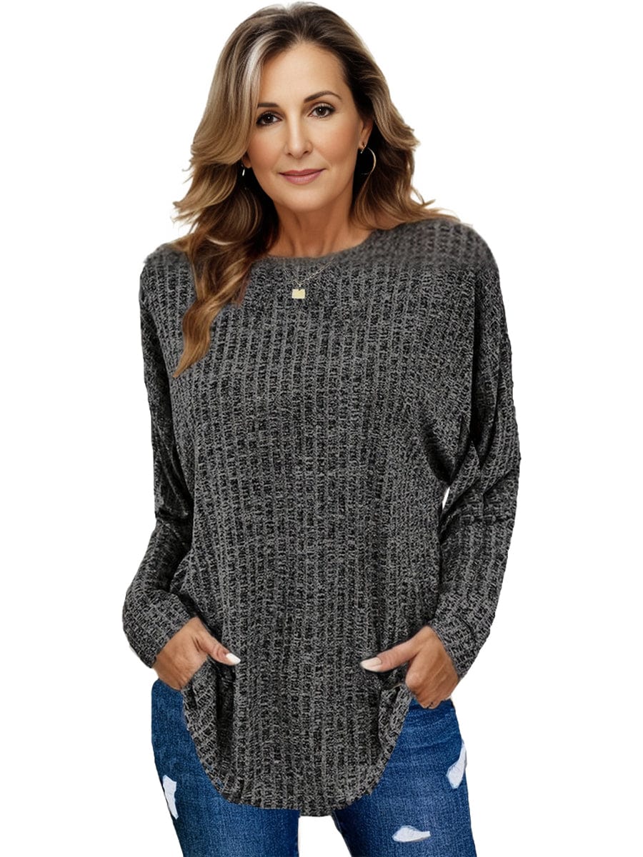 Plus Size Casual Sweater, Women's Plus Solid Ribbed Long Sleeve Round Neck Knit Top