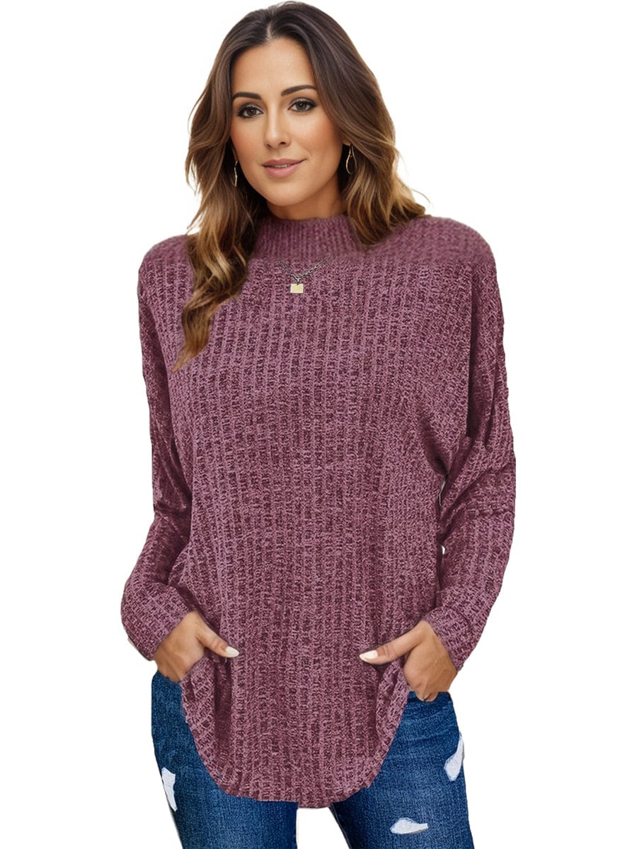 Plus Size Casual Sweater, Women's Plus Solid Ribbed Long Sleeve Round Neck Knit Top